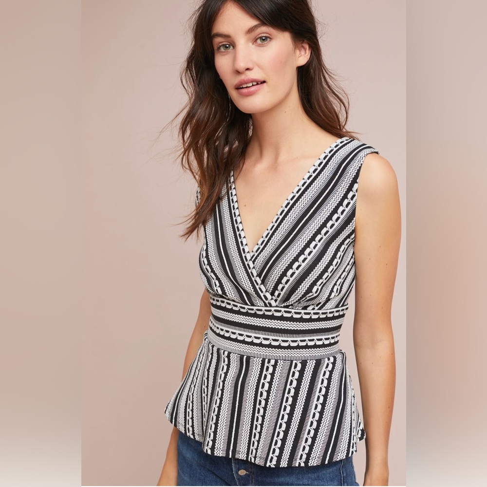 NWT *VANESSA VIRGINIA* by Anthropologie *PEPLUM* Top…Black•White Stripes…Size: S